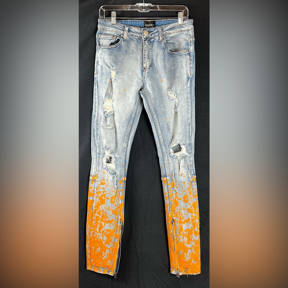 Cooper 9 Edgy Distressed Splatter Zipper 5 Pocket Jeans Blue & Orange | Size 30